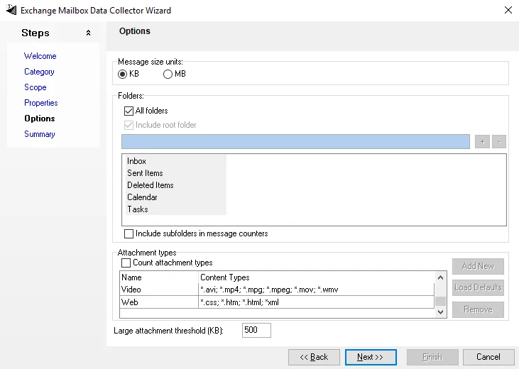 Exchange Mailbox Data Collector Wizard Options page