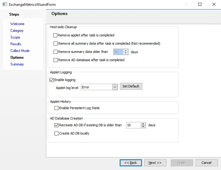Exchange Metrics Data Collector Wizard Options page