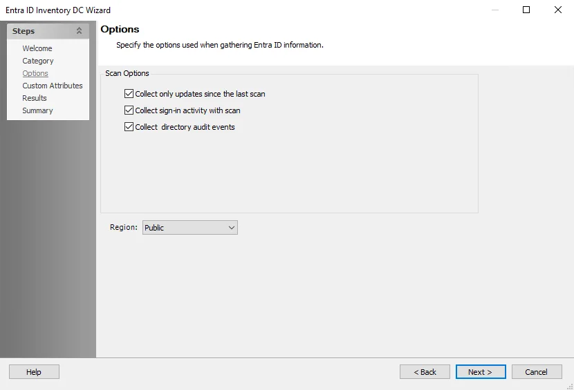 Entra ID Inventory DC Wizard Options page