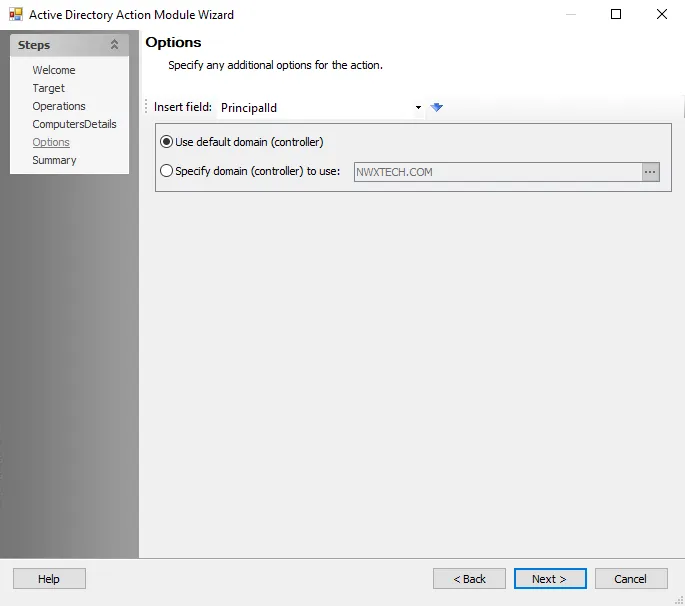 Active Directory Action Module Wizard Options page