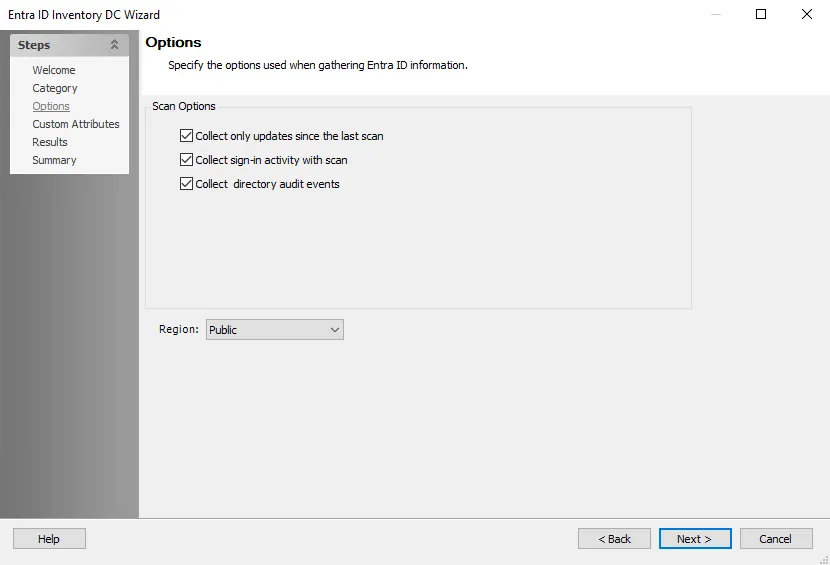 Entra ID Inventory DC Wizard Options page