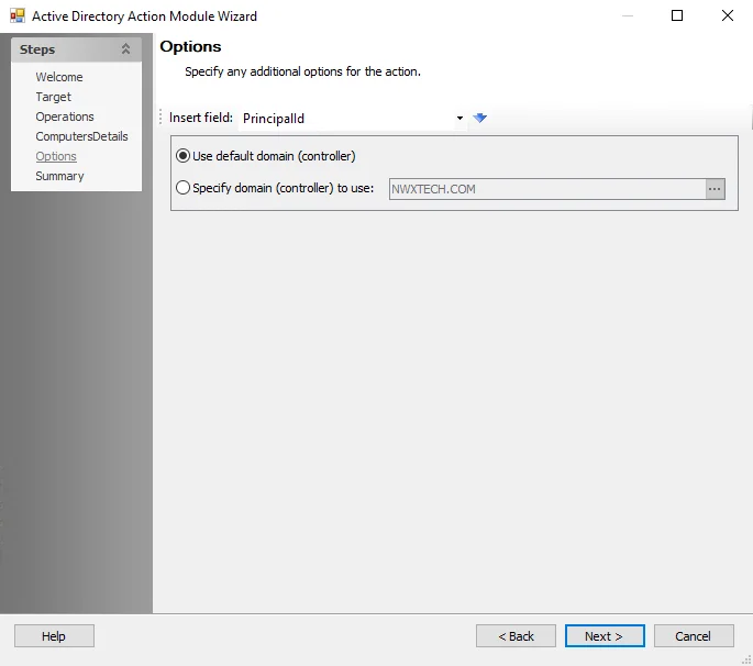 Active Directory Action Module Wizard Options page