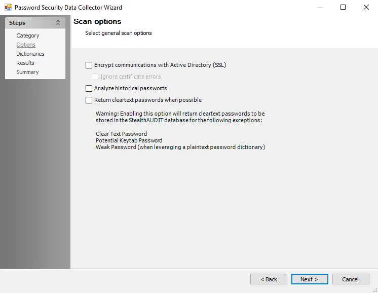 Password Security Data Collection Wizard Scan options page