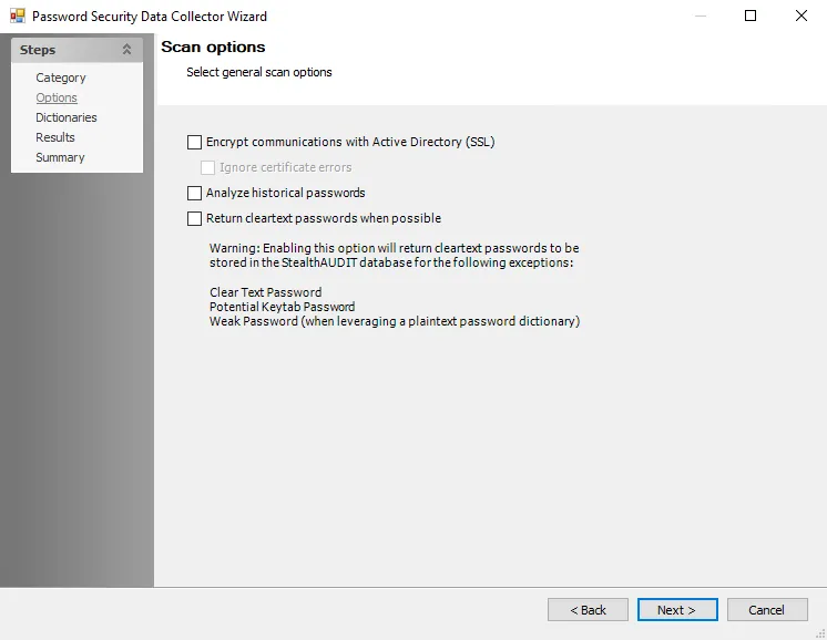 Password Security Data Collection Wizard Scan options page