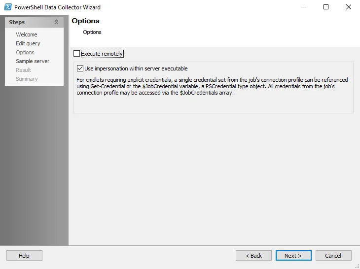 PowerShell Data Collector Wizard Options page