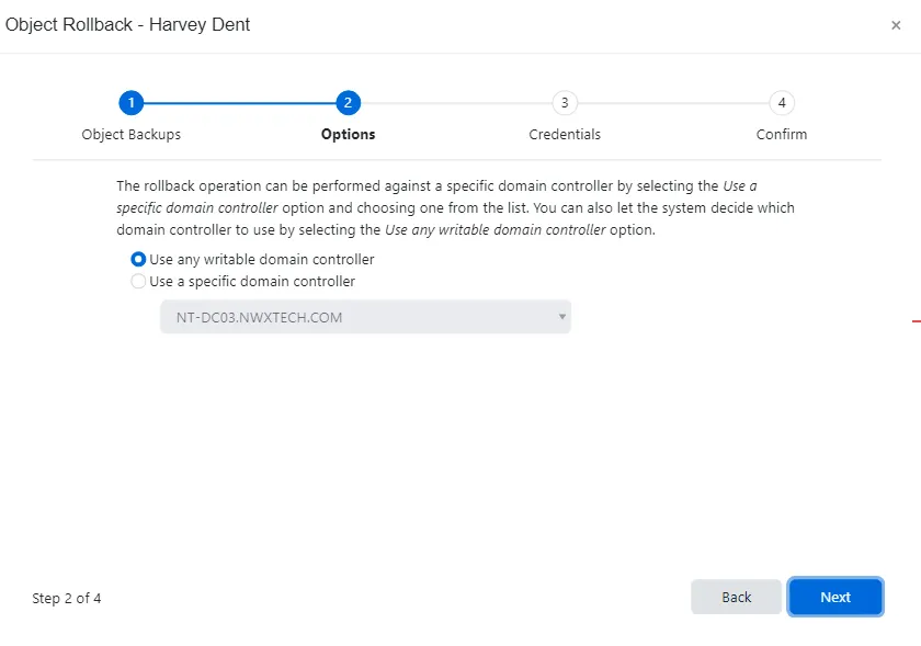 Object Rollback wizard - Options page