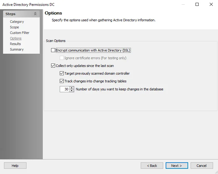 ADPermissions Data Collector wizard Options page