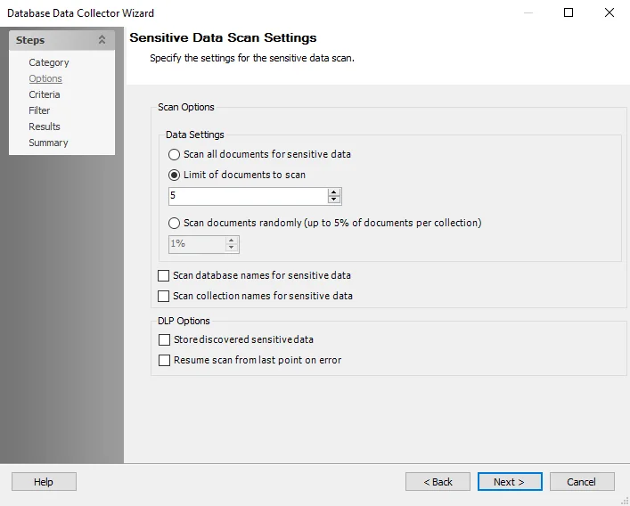 NoSQL Data Collector Wizard Options page