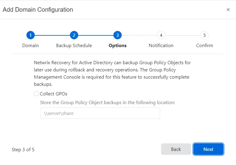 Add Domain Configuration wizard - Options page
