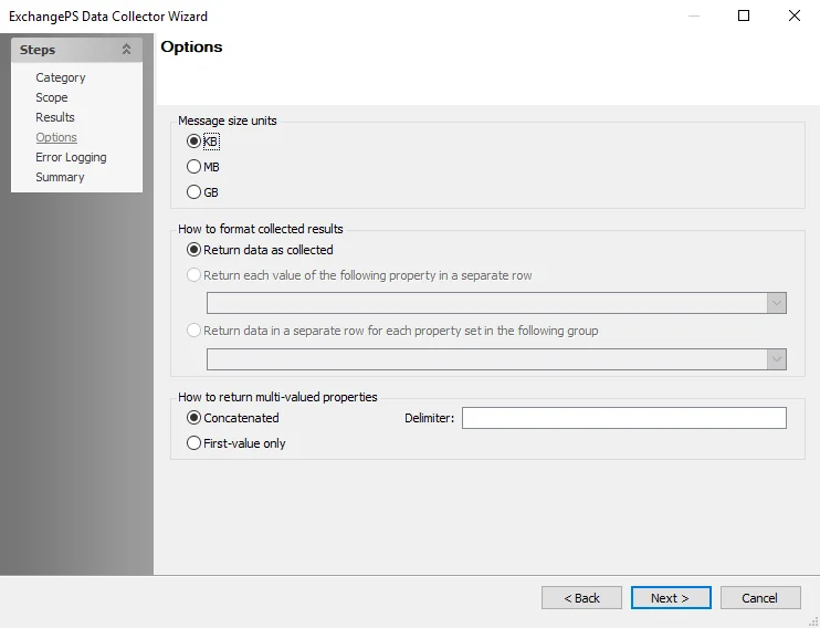 ExchangePS Data Collector Wizard Options page