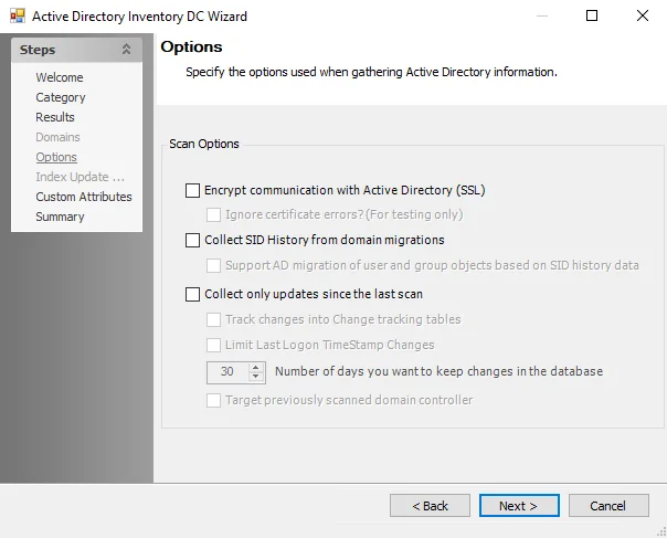 Active Directory Inventory DC Wizard Options page