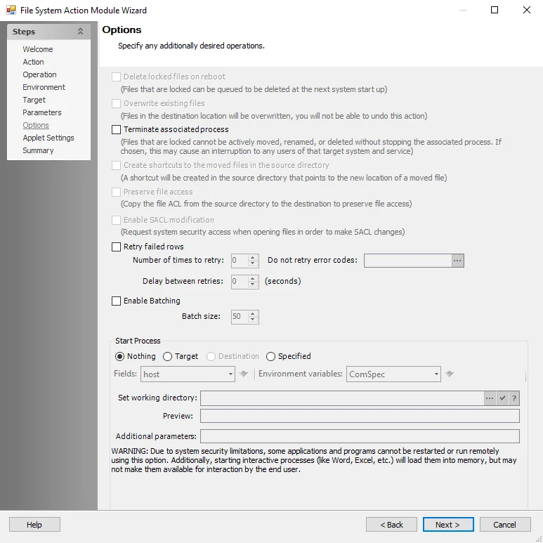 File System Action Module Wizard Options page