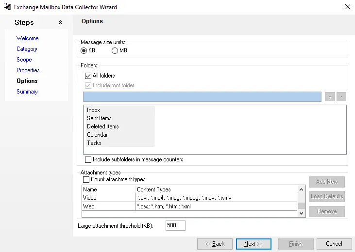 Exchange Mailbox Data Collector Wizard Options page