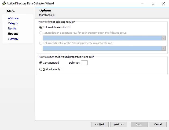 Active Directory Data Collector Wizard Options page
