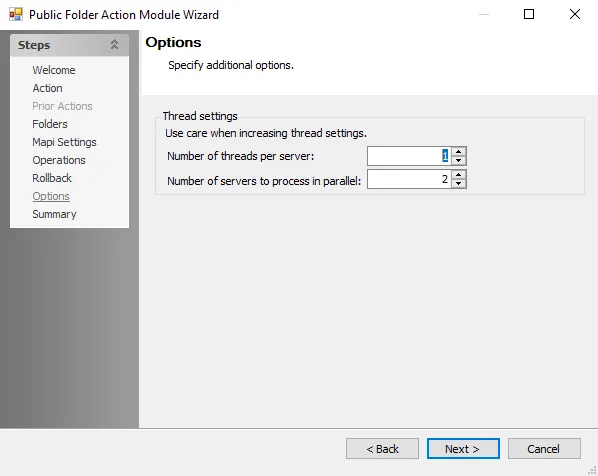 Public Folder Action Module Wizard Options page