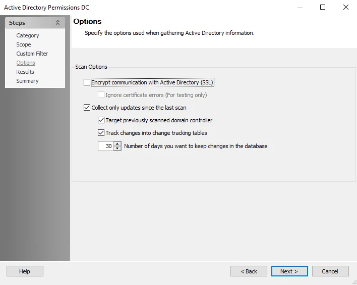ADPermissions Data Collector wizard Options page