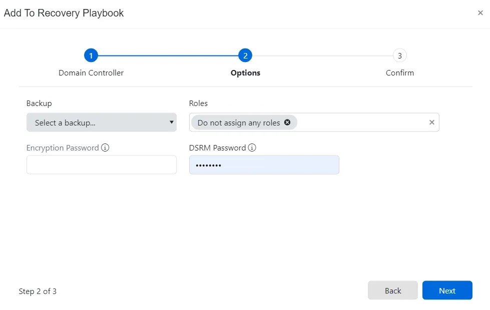 Add to Recovery Playbook wizard - Options page