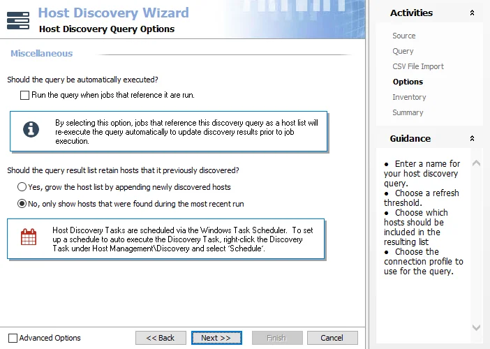 Host Discovery Wizard Options page for CSV import