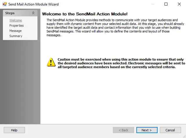Send Mail Action Module Wizard Welcome page