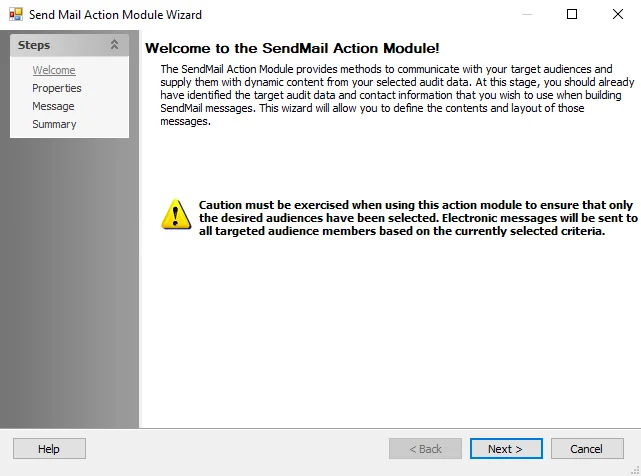 Send Mail Action Module Wizard Welcome page