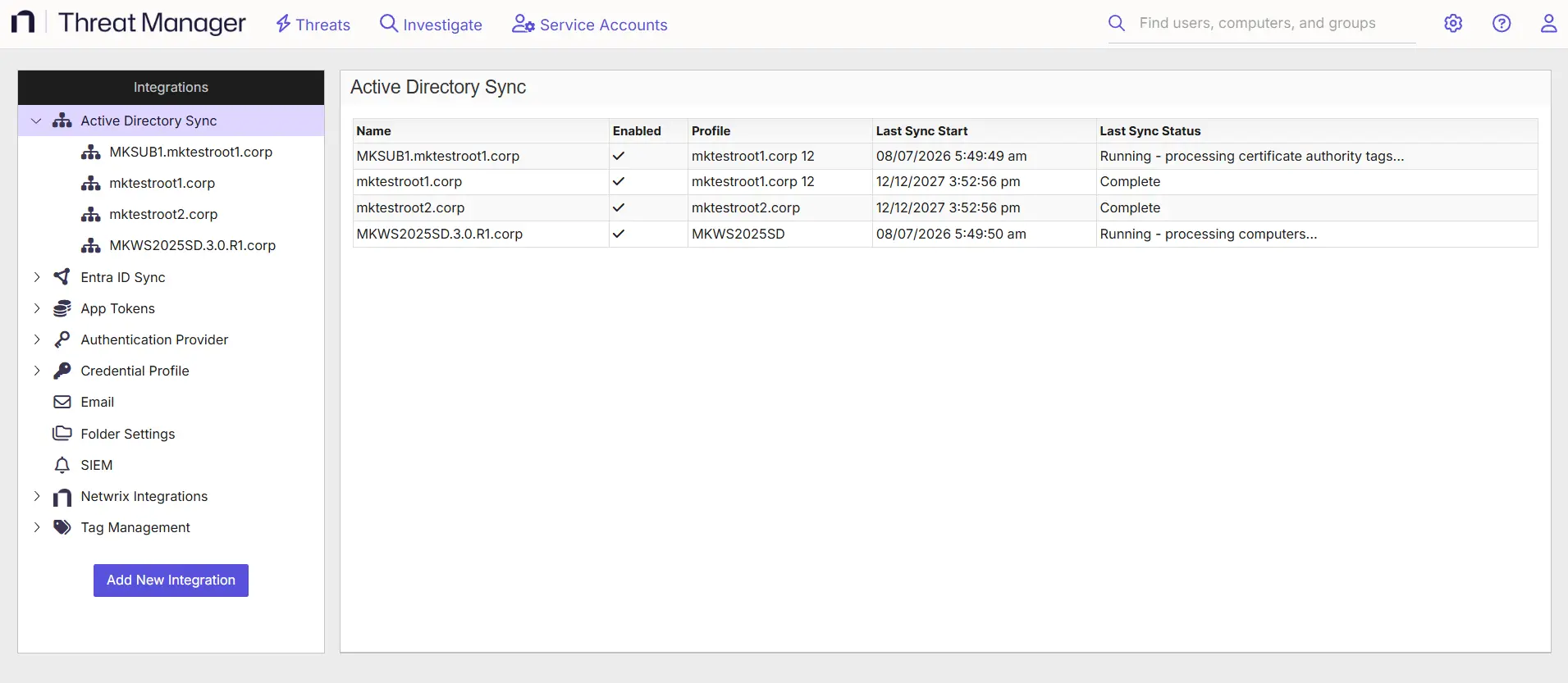 Integrations interface on the Active Directory Sync page