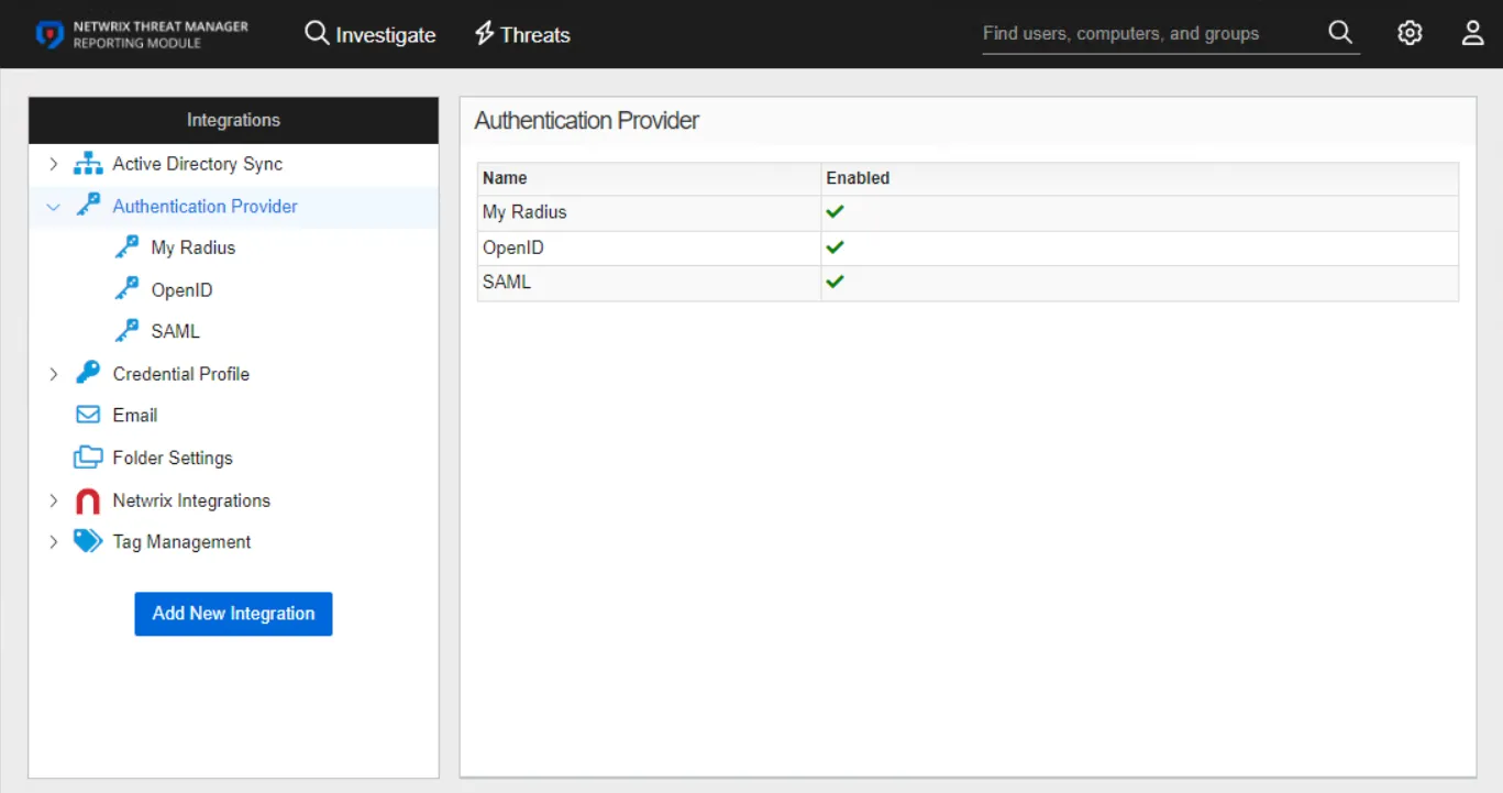 Integrations interface on the Authentication Provider page