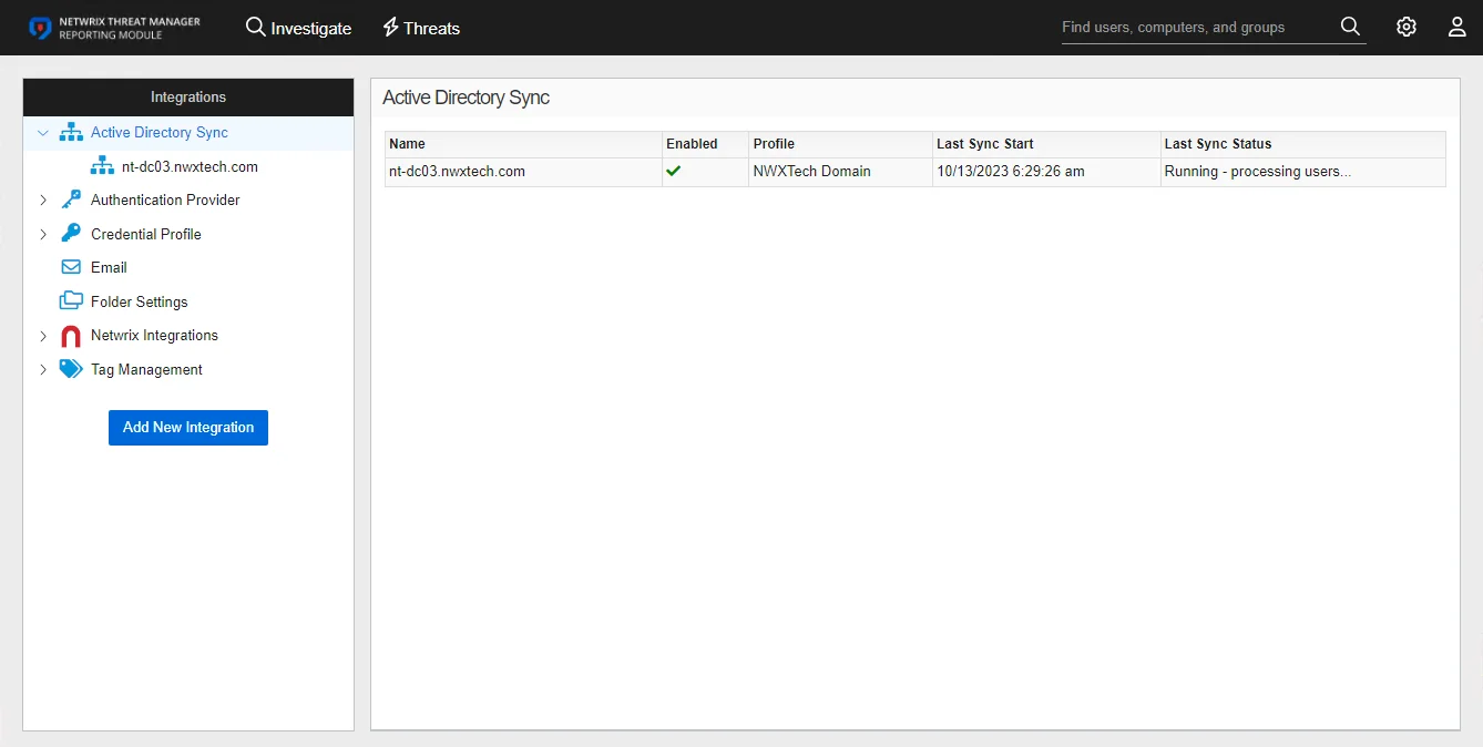 Integrations interface on the Active Directory Sync page
