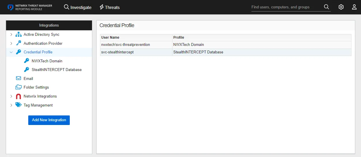 Integrations interface on the Credential Profile page