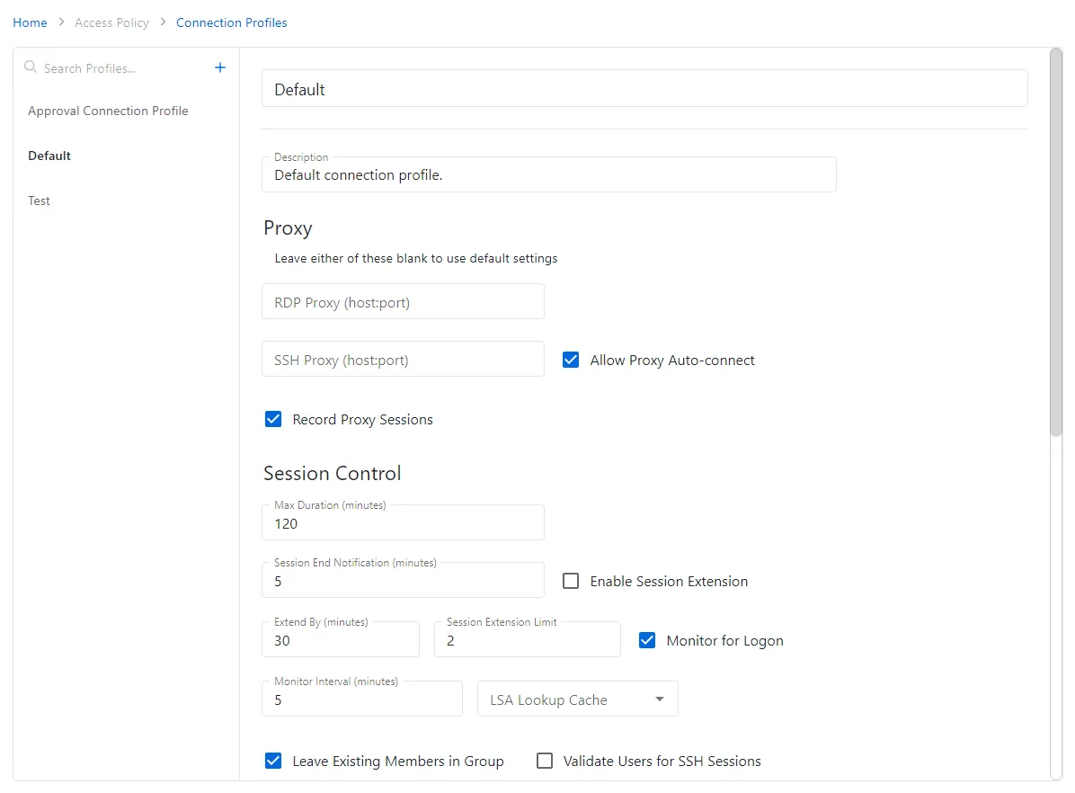 Connection Profiles Page