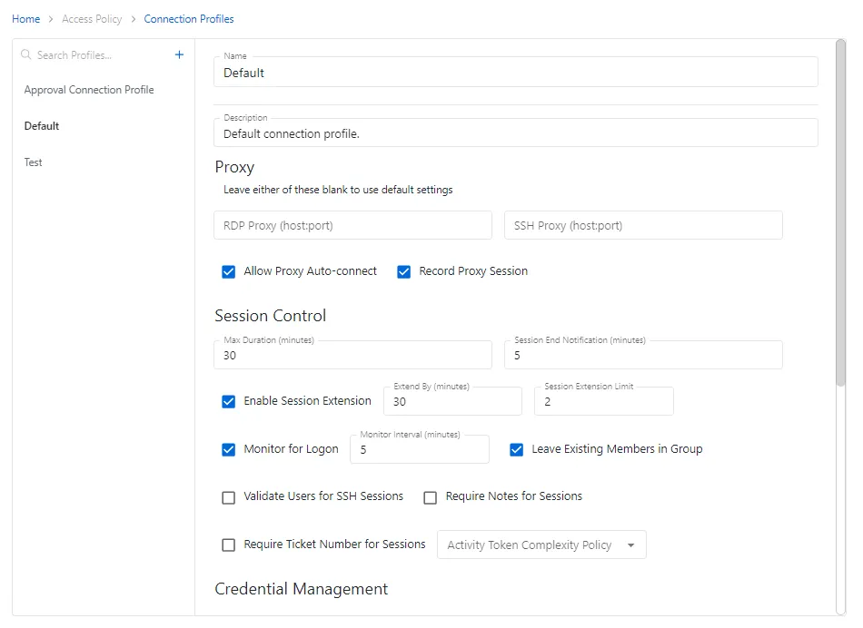 Connection Profiles Page