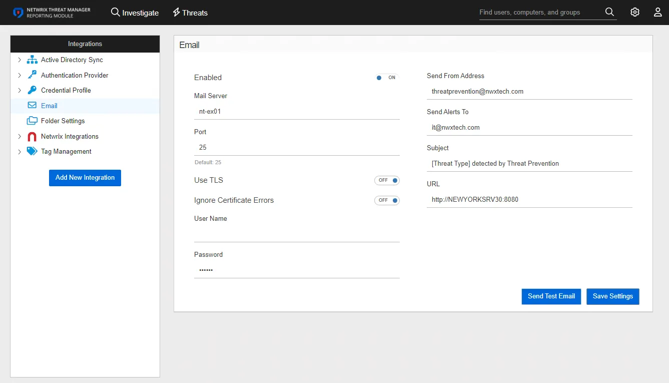 Integrations interface on the Email page