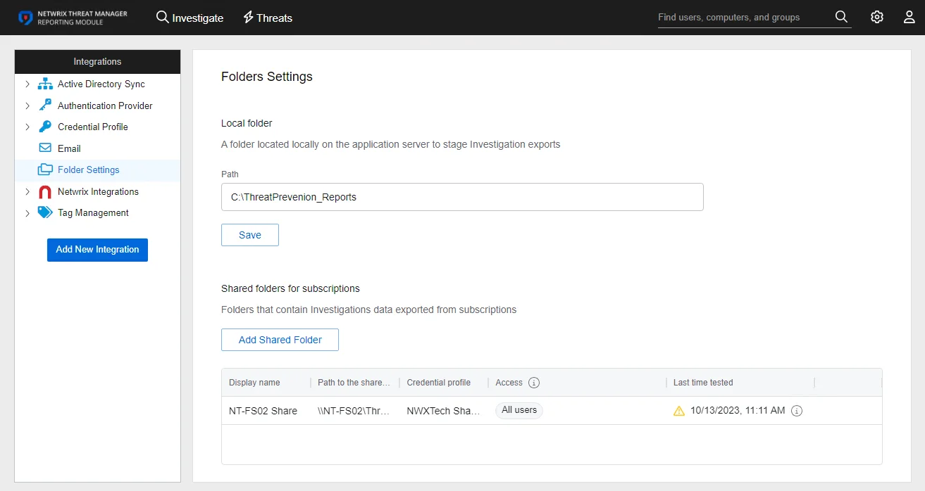 Integrations interface on the Folder Settings page