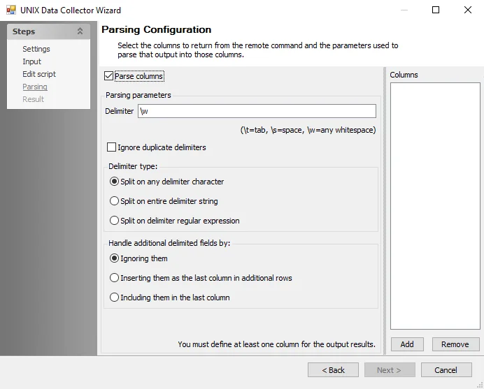 Unix Data Collector Wizard Parsing Configuration page