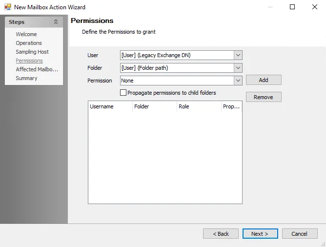 New Mailbox Action Wizard Permissions page