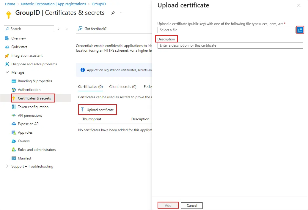 Certificate &amp; secrets page