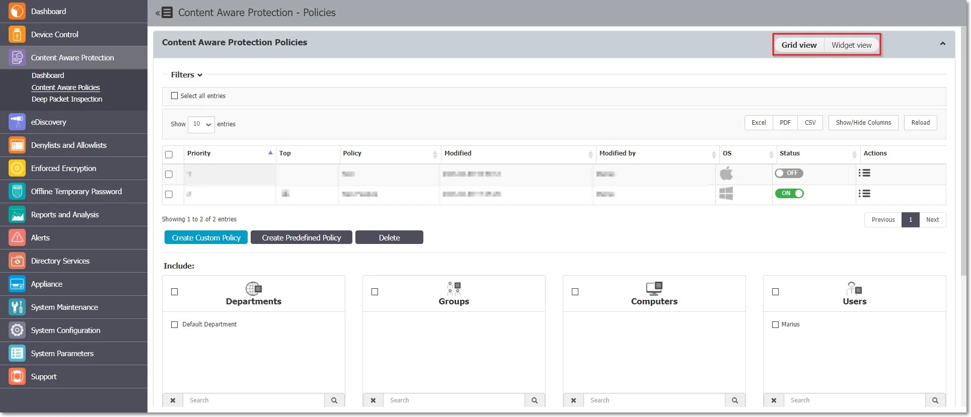 Manage the Content Aware Protection policies