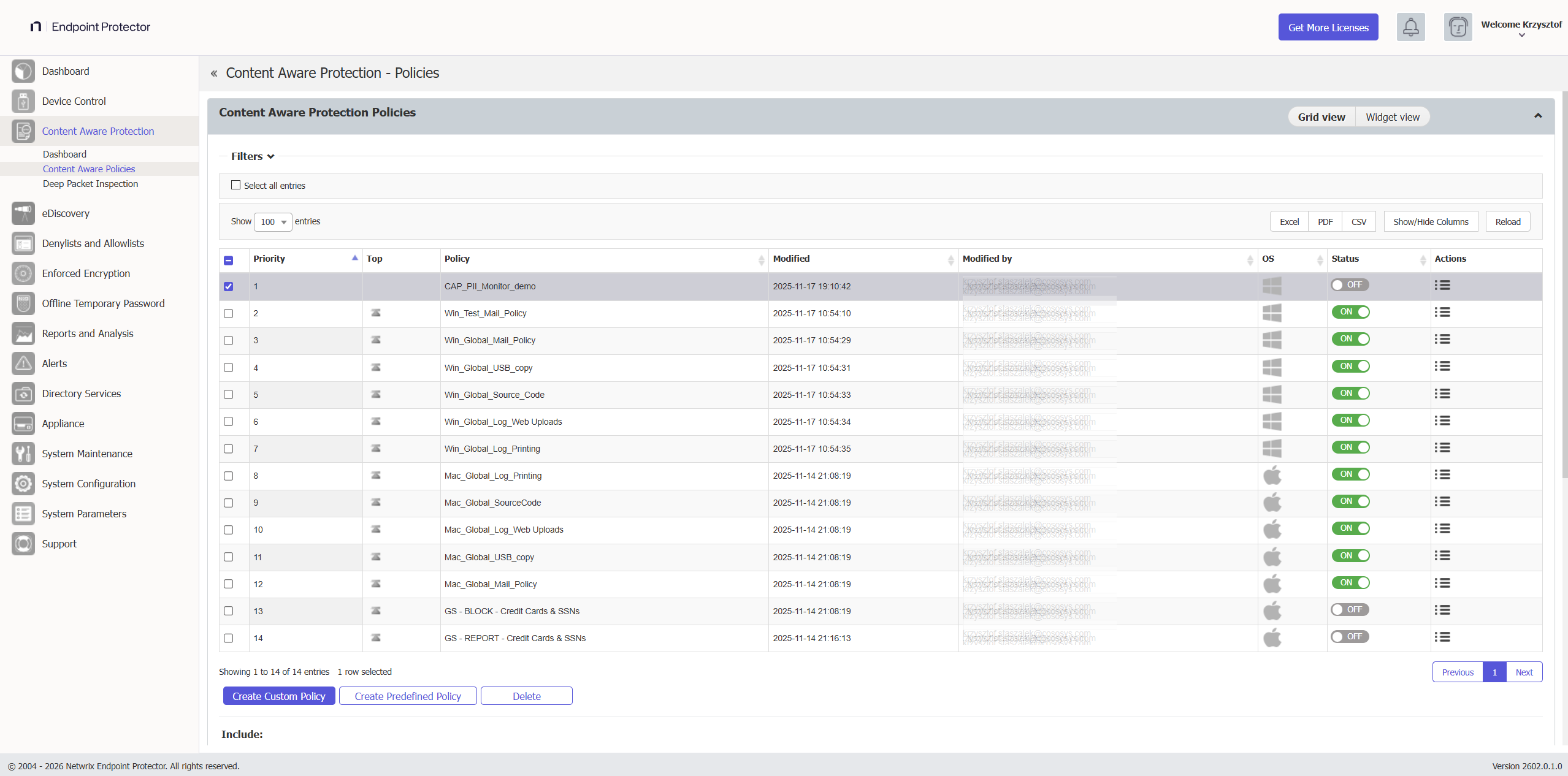 Manage the Content Aware Protection policies
