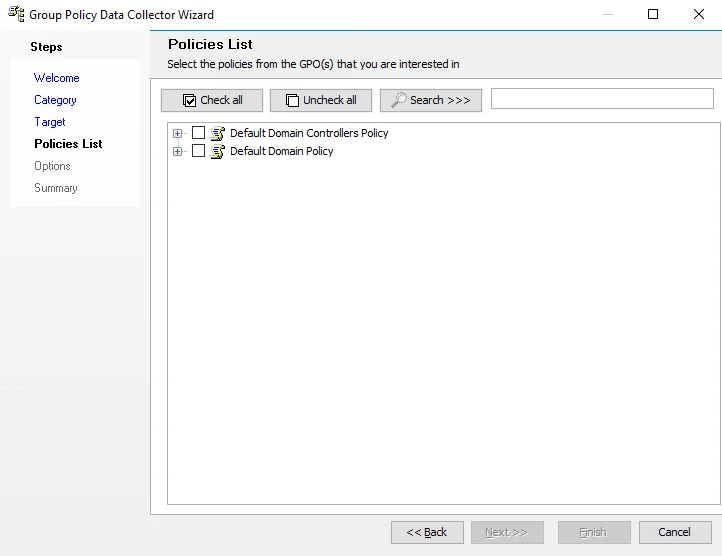 Group Policy Data Collector Wizard Policies List page