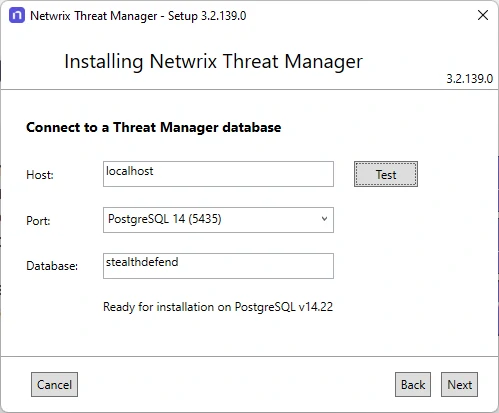 Netwrix Threat Manager installer — database connection page