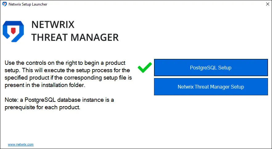 Netwrix Setup Launcher showing PostgreSQL Setup completed