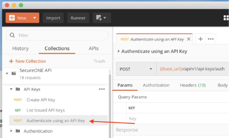 SecureONE API collection with Authenticate using an API key selected