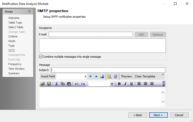 Notification Data Analysis Module wizard SMTP properties page