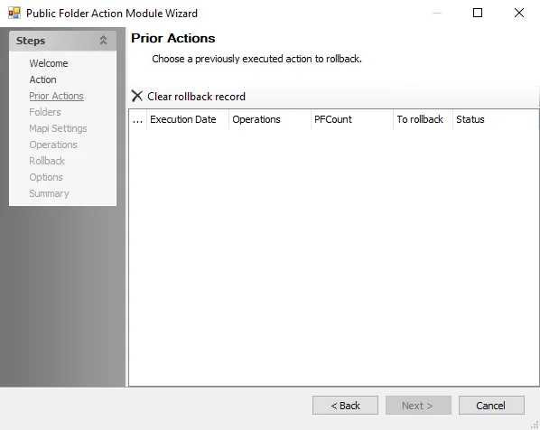 Public Folder Action Module Wizard Prior Actions page