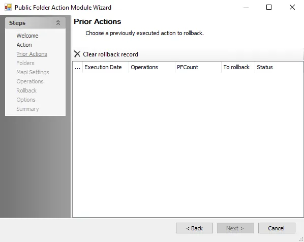 Public Folder Action Module Wizard Prior Actions page