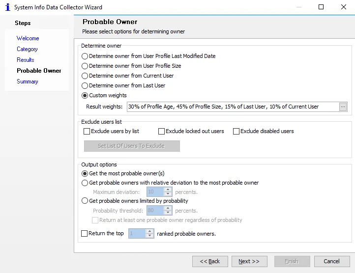 System Info Data Collector Wizard Probable Owner page
