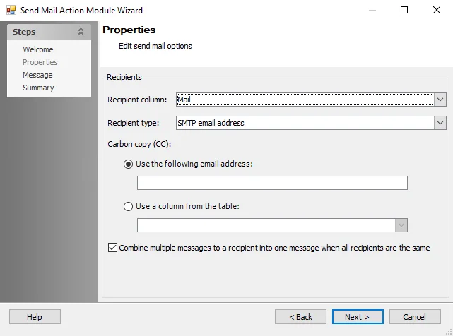Send Mail Action Module Wizard Properties page