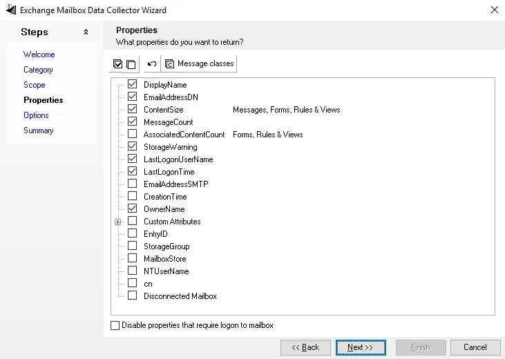 Exchange Mailbox Data Collector Wizard Properties page