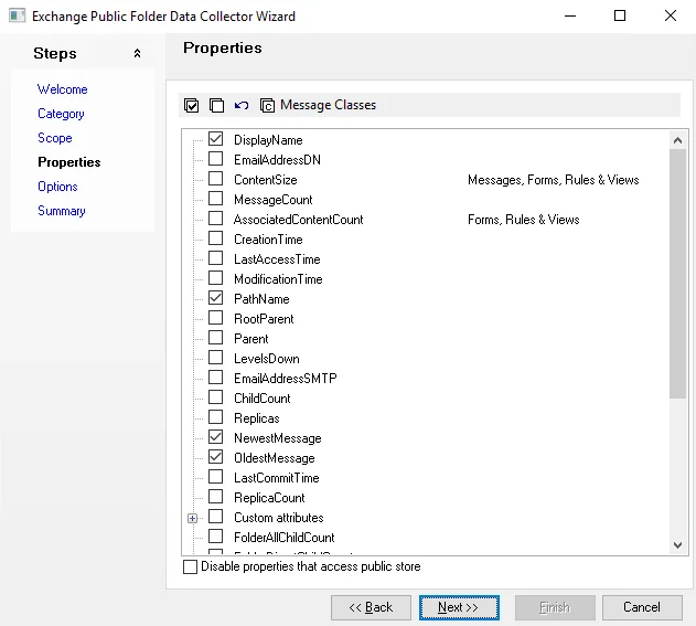 Exchange Public Folder Data Collector Wizard Properties page