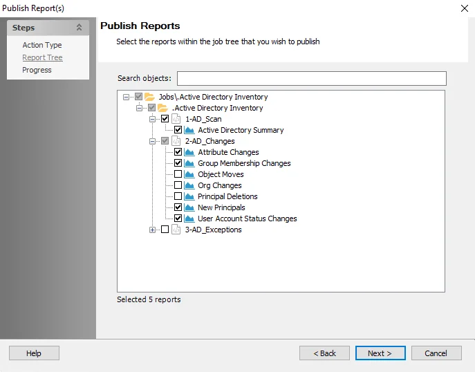 Publish Reports wizard Report Tree page