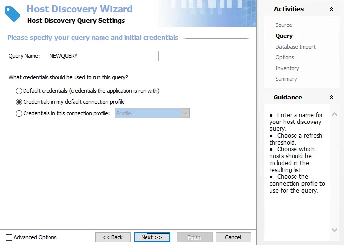 Host Discovery Wizard Query page for database import